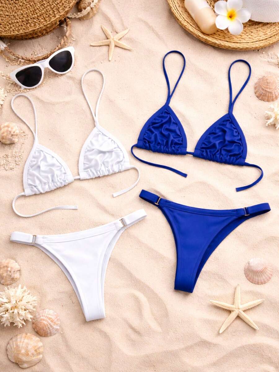 Set Of 2 Women's Adjustable Triangle Bikini Bottoms With Thong Style For Summer And Beach Use. - Blue and White - View 1