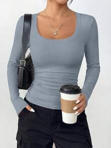 PRETTYGARDEN Women Spring And Fall Long Sleeve Shirts Clothes Cute Going Out Tops Ribbed Tight Fitted Plain Basic Tee Tshirts Vacation Outfits For Women - 淺灰色 - 查看 4
