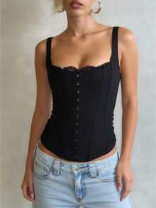 Women's Y2K Layered Lace Trim Boned Corset Top Wide Strap Side Zipper Sleeveless Overbust Going Out Camisole - 黑色 - 查看 2