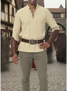 Camisa de manga larga con cordón de inspiración medieval para hombres, disfraz de vikingo - Caqui - Ver 3