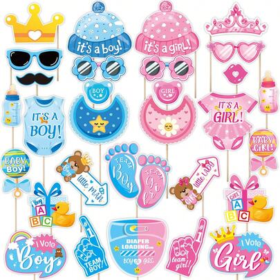 30-Piece Baby Gender Reveal Party Photo Props Set. Glittery Blue And Pink Dual-Color Theme. Paper Set Includes Crown, Baby Bottle, Teddy Bear, And Other Shapes To Distinguish Between "Boy" And "Girl." A Party Atmosphere Essential, Suitable For Family