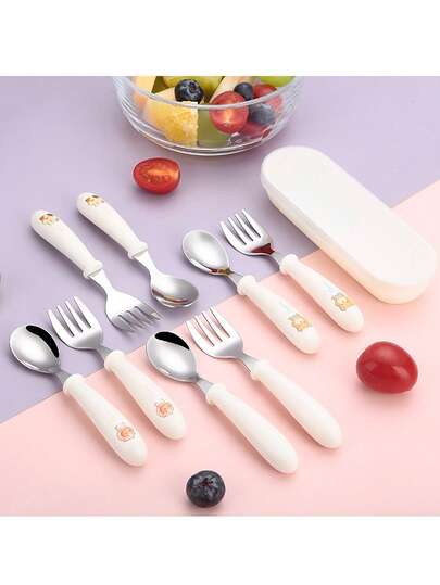 3pcs Set (Fork + Spoon + Case) Stainless Steel Tableware For Kids, Baby Feeding Spoon Fork Training Self-Feeding Utensils With Portable Case