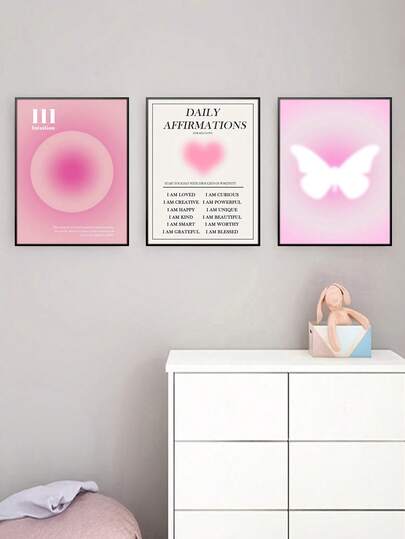 Conjunto de 3 cuadros de pared con números en degradado de color rosa, imágenes de lienzo con citas inspiradoras de mariposas rosas estéticas para decoración de dormitorio de adolescentes