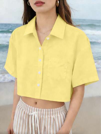 女士宽松休闲短袖衬衫，适合春夏穿着