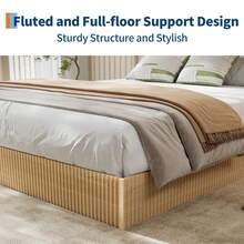 Marco de Cama de tamaño matrimonial, Plataforma de Madera, Marco de Cama Estriado, Base de Cama Minimalista con diseño de Perfil bajo, sin Ruido, fácil de Montar, no Necesita somier - color de madera natural - Ver 4
