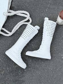 OPOEE Canvas Shoes, Mid-Top Sneakers For Children, Spring/Autumn, Korean Style, Unisex, Fashionable Low-Top, Casual Lace-Up Athletic Shoes, Classic High-Top Sneakers, All-Match Casual Sports Skateboard Shoes For Kids - 白色 - 查看 4