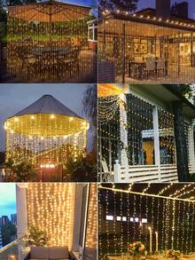 1个太阳能LED花环窗帘灯，8种模式，适用于窗户、户外，防水，仙女灯串，适用于婚礼、庭院、派对、楼梯家居装饰、秋季装饰、室内装饰、室外装饰 - 暖白 - 查看 9