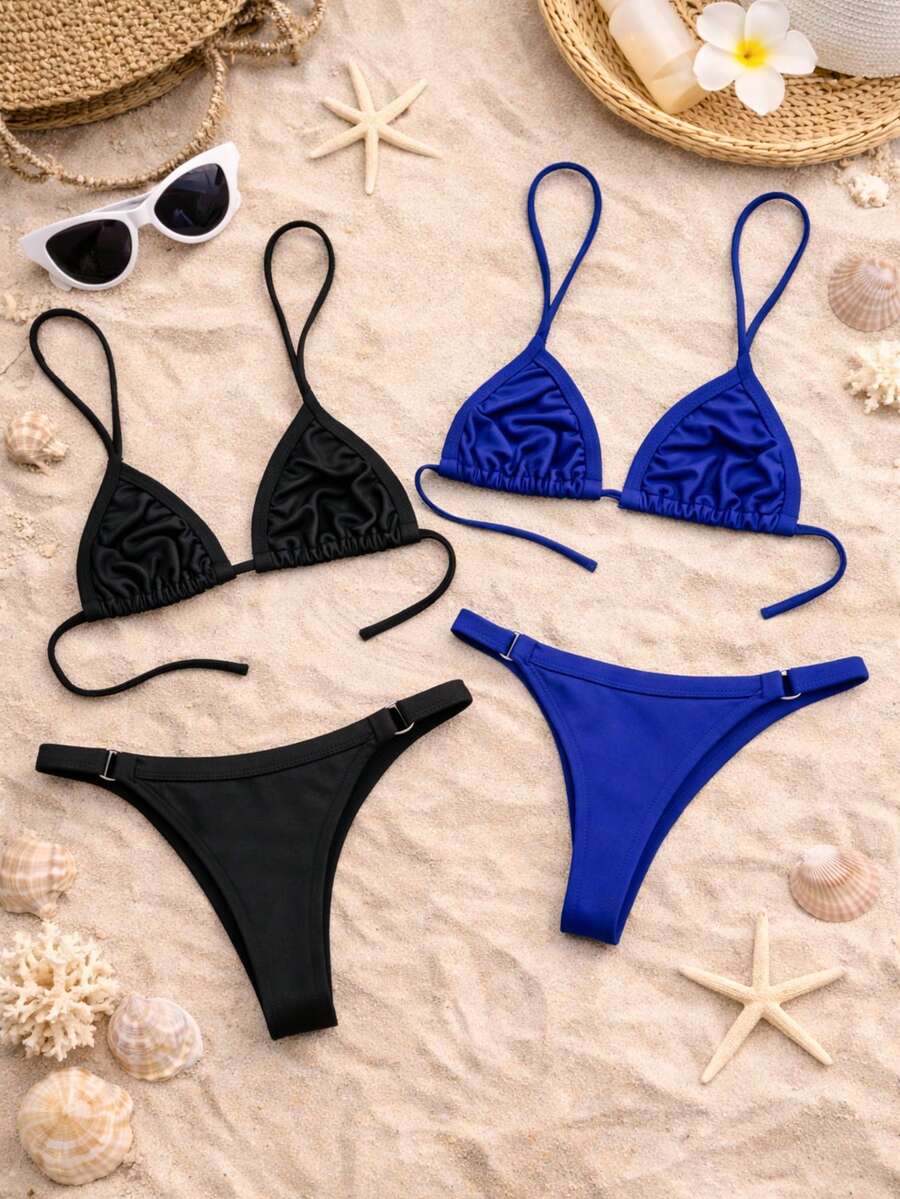 Set Of 2 Women's Adjustable Triangle Bikini Bottoms With Thong Style For Summer And Beach Use. - 黑藍 - 查看 1