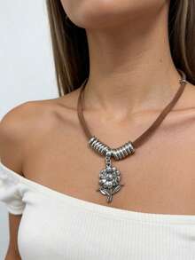 1 Piece Of Vintage Flower Alloy Women's Pendant Necklace, Suitable For Women's Daily Casual Wear, Holiday Gift - 彩色 - 查看 5