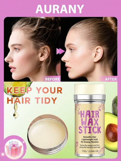 75g Women's Hair Wax Stick, Smooths Frizzy Hair, Portable Design, Easily Creates Soft & Sleek Hairstyles, Natural Beeswax & Avocado Formula Suitable For All Hair Types, Convenient Styling Anytime