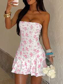 Onicee 夏季连衣裙，粉色性感印花无肩带 A 字型派对连衣裙，优雅连衣裙，适合情人节、约会、聚会、派对、旅行、度假、海滩和其他场合。 - 粉色 - 查看 3