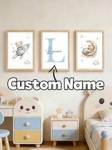 3 件套定制姓名印刷海报，个性化睡熊，蓝云月亮动物印花墙画，儿童房装饰，男孩卧室，生日礼物，无框，旅行收纳 - 藍色 - 查看 27