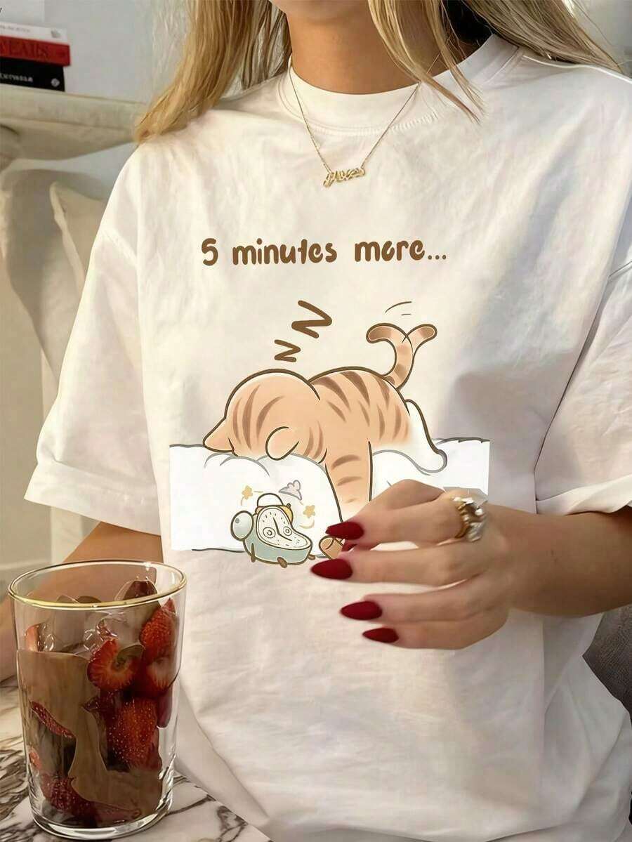 1 Piece Women's Short Sleeve Crew Neck Summer T-Shirt With "Sleeping Cat" English Letter Print, Suitable For Summer, Beach, Street, And Everyday Wear. Stylish Y2K Vacation Top, Casual Summer Outfit, Women's Holiday Wear. Pure-Cotton - 杏色 - 查看 1