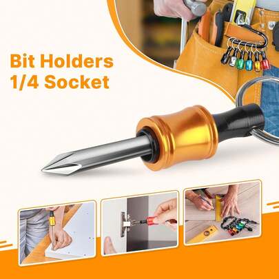 六合一便携式钥匙扣工具，1/4英寸六角柄螺丝刀头收纳盒，适用于冲击钻螺丝刀头延长杆螺母扳手，带黑色登山扣，快速释放轻便钻头螺丝适配器