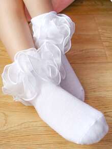 1 par de calcetines de tobillo casuales y lindos con volantes de unicolor para niñas - Blanco - Ver 10
