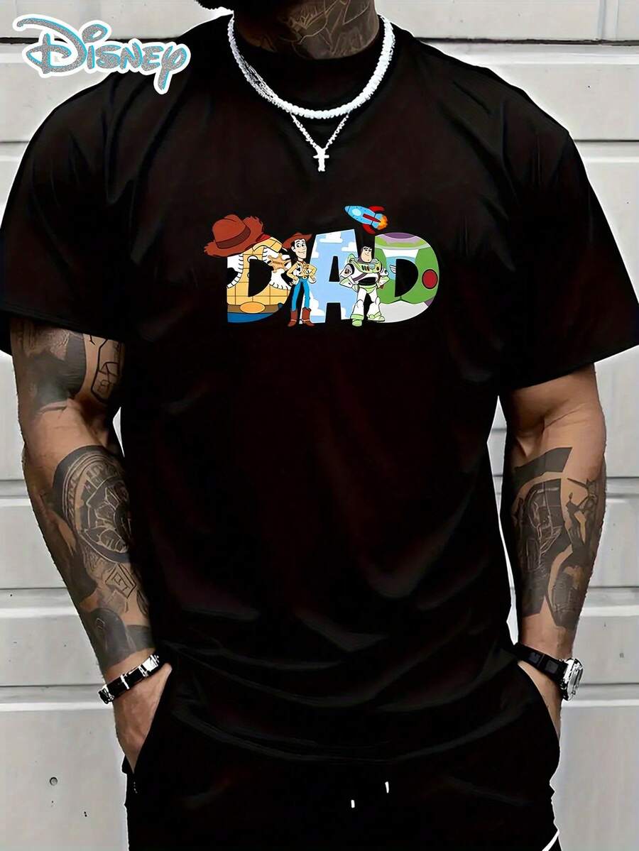 1 Piece, Disney Men's Cotton T-Shirt, Toy Story Series, Round Neck Casual And Comfortable T-Shirt, Breathable And Light, Suitable For Sports And Leisure Wear, Loose T-Shirt, The First Choice For Dad's Gift, Suitable For Travel And Party Wear. - 黑色 - 查看 1