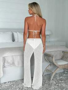 LUBI 女士镂空性感沙滩度假宽松针织阔腿裤，夏季沙滩休闲针织长裤 白色 - 白色 - 查看 6