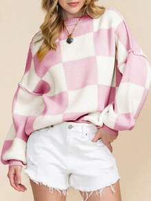 Brown Plaid Bishop Sleeve Elegant Sweater, Long Sleeve Top - 粉色 - 查看 6