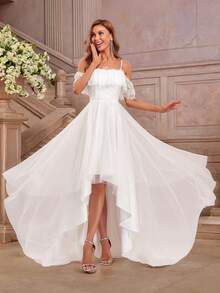 Đầm cưới trễ vai phối ren và lưới màu tương phản lãng mạn, vạt trước ngắn vạt sau dài, màu trắng, thích hợp làm quà tặng, cho tiệc cưới ngoài trời mùa xuân. - trắng - Xem 1