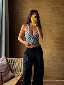 SOLTRB New V-Neck Halter Tie Sleeveless Cropped Knit Top For Women, Chest Ruffle Decor, Medium Stretch Fabric, Suitable For Friend Party, Travel & Vacation - Multicolor - View 2