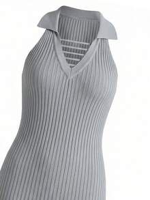 Đầm mini ôm sát cơ thể không tay, cổ yếm, chất liệu dệt kim, không tay, không dây, tôn dáng, thích hợp cho mùa hè. - Xám - Xem 8