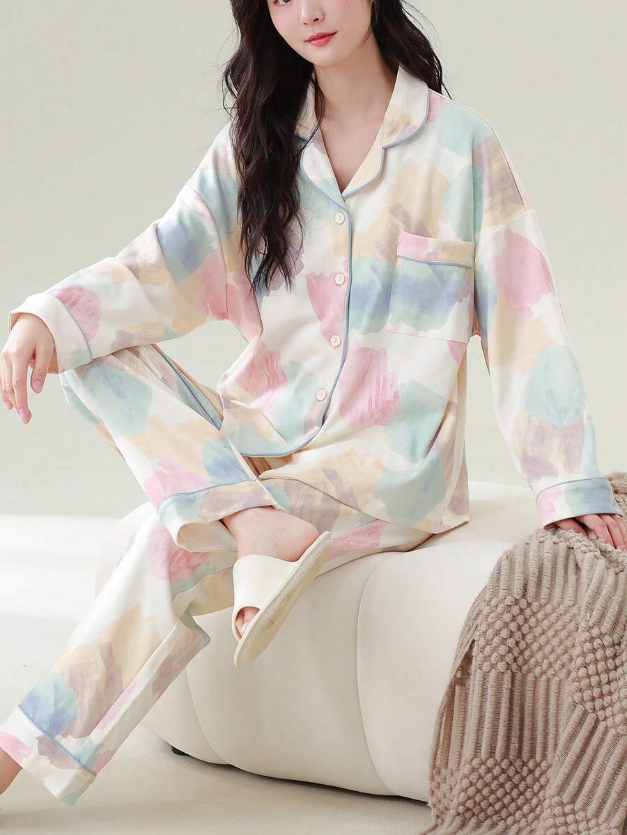 女士两件套开衫睡衣套装，长袖上衣和长裤，柔软舒适，适合春秋季穿着。 - 彩色 - 查看 1