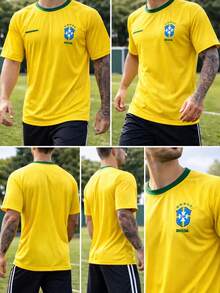 Men's World Cup Sports T-Shirt, Yellow, Green Collar, Soccer, Training, Performance, Breathable, Lightweight, Quick-Drying, Comfortable, Athlete, Field, Gym, Casual, Dynamic, Micro-Perforated - 黃色 - 查看 1