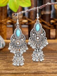 一对波西米亚风仿绿松石几何耳环，适合女性日常佩戴和作为礼物 - 復古銀色 - 查看 4