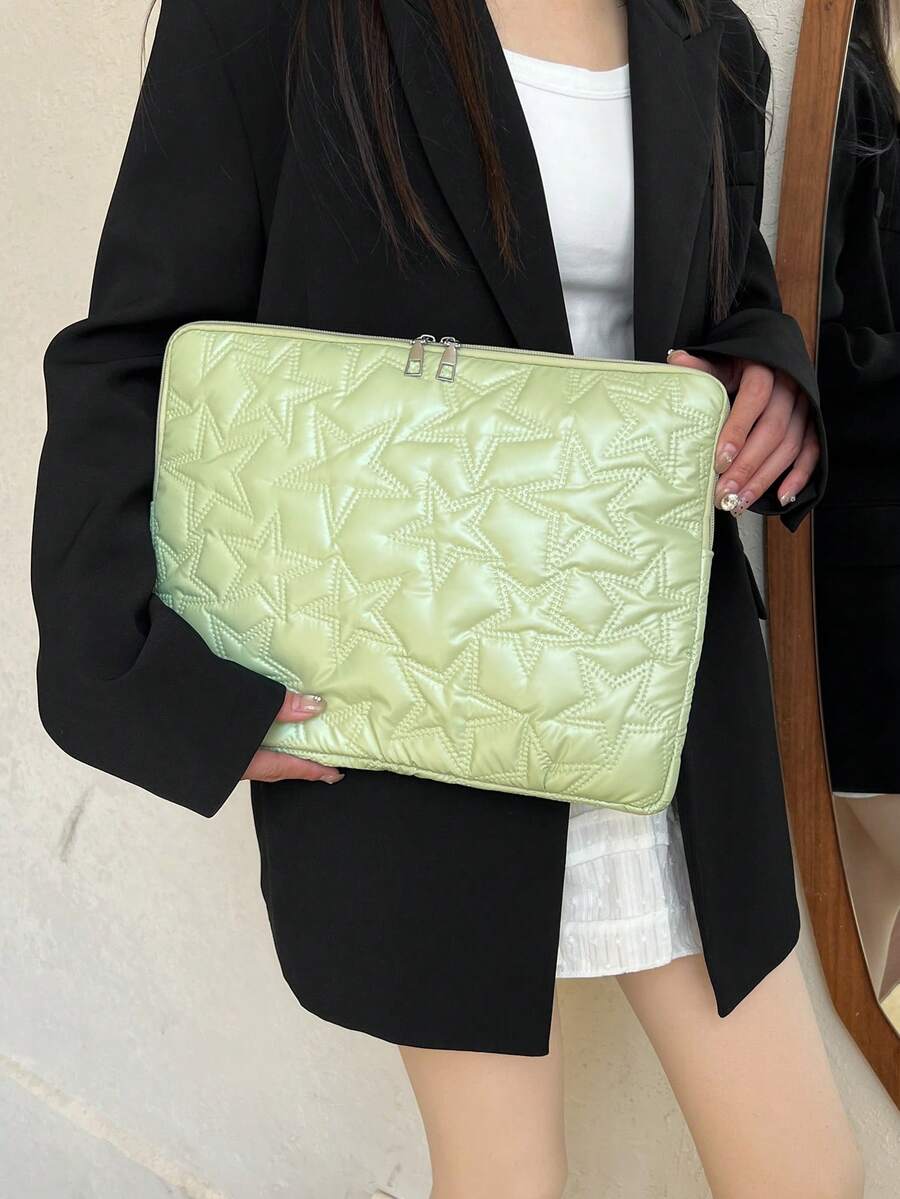 1pc Quilted Solid Color Minimalist Luxury Multi-Size Notebook/Tablet Carrying Case, 11"/13"/15" Laptop Bag, Star Print Plush Casual Unisex Tablet Protective Sleeve, Inner Bag, Document Bag, Laptop Sleeve, Computer Carrying Case Laptop Case Laptop Cover Computer Bag Carrying Hand Bag Laptop Bags Water Resistant Travel Essentials Travel Stuff Laptop Bag For Men Laptop Bag For Women - Mint Green - View 1
