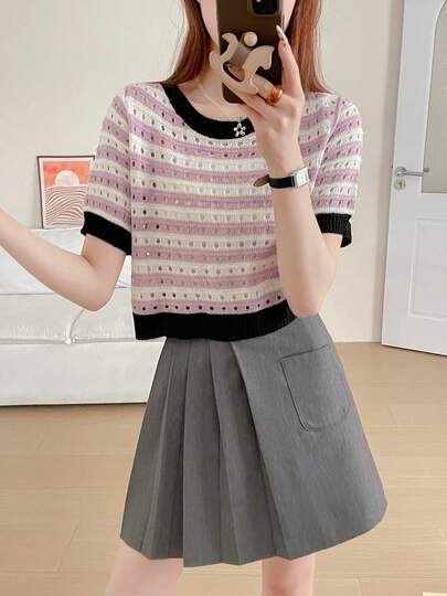  Wixra Colorblock Striped Hollow Out Short Sleeve Knit Top, Sweet & Sexy Slim Fit Crop Top, 2026 New Arrival