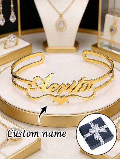 1pc Customized Name Bangle, Customizable Product, Women's Bracelet, Fashion Jewelry, Customized Bracelet, Men's Gift, Men's Bracelet, Valentine's Day Gift, Ramadan Gift, Stainless Steel Jewelry, Customized Gift, Anniversary Gift, Birthday Gift, Personalized Gift, Best Gift For Family, Lover Or Classmates, Mother's Day Gift For Mom (With Small Gift Box)