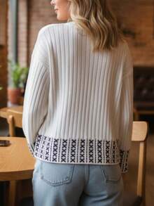 Casual Women's Knit Pullover Sweater With Folk Custom Pattern And Ribbed Details Long Sleeve Round Neck Top - White - View 2