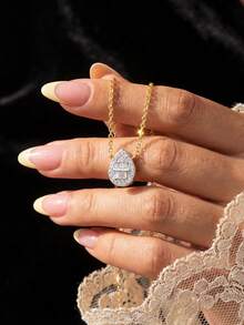 1pc Exquisite Fully Paved Zirconia Teardrop Pendant Necklace, 925 Sterling Silver Jewelry, Lightweight Luxurious Sparkling Collarbone Necklace, Elegant Jewelry Gift, Suitable For Daily Wear And Dates - Water Droplets - View 5