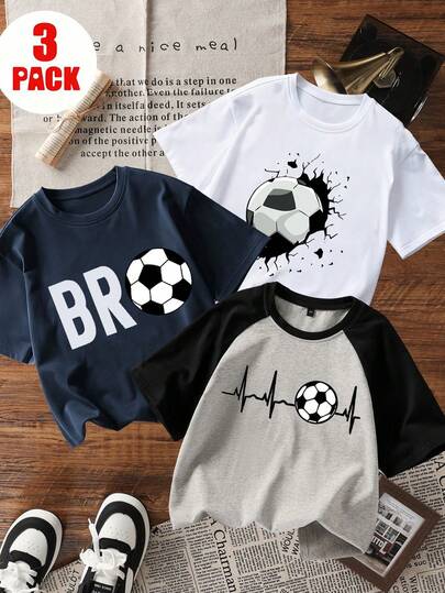 3件套青少年男童休闲运动足球印花短袖T恤套装，夏季学生上衣