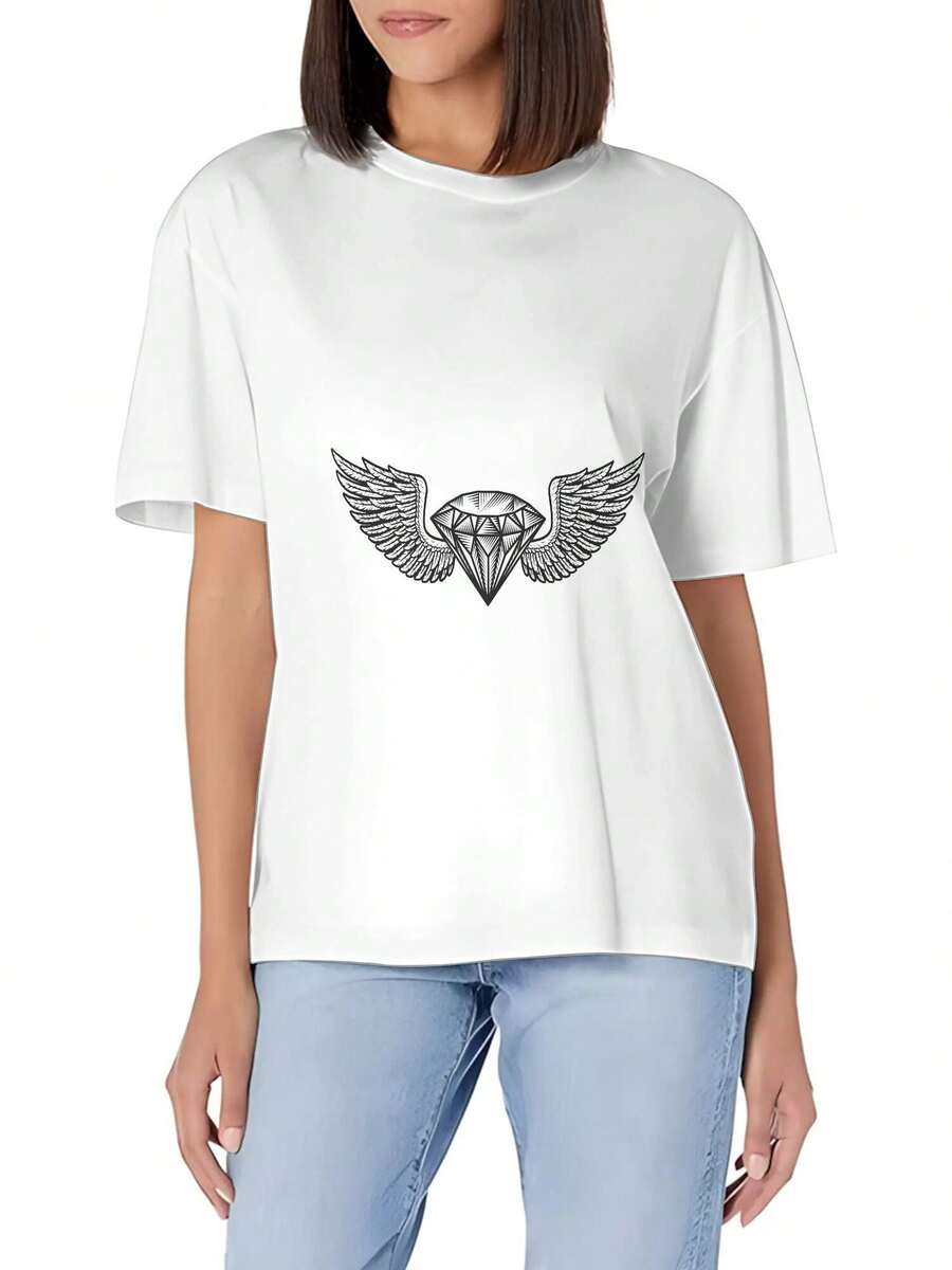 A Black And White Image Of A Wing In The Dark Women's Casual Slim Fit Short Sleeve T-Shirt Soft Cotton Crew Neck Basic Versatile Top - 白色 - 查看 1