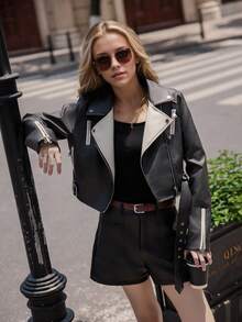 Risissida Women's Vintage Minimalist PU Leather Jacket With Punk Style Double Sleeve Design, Comes With Belt, Suitable For Autumn Wear Black - Black - View 5