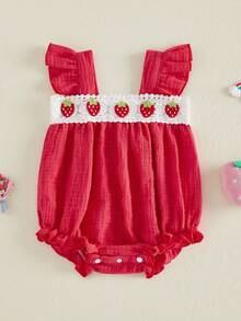 Baby Girls Romper, Fly Sleeve Strawberry Infant Bodysuit Summer Clothes For Casual Daily - 紅色 - 查看 4
