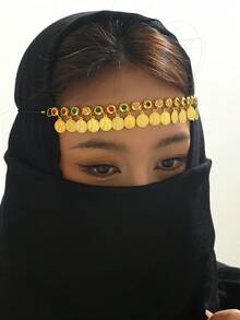 1pc Arabian Style Rhinestone Coin Tassel Headband, Suitable For Women's Stage Performance, Party Wear (Rhinestone Color Random) - Gold - View 9