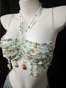 2026 Spring/Summer New Unisex Body Chain, Sexy Acrylic Crystal Pearl Sequin Shell Seashell Body Chain Metal Iron Chain Accessories For Party, Beach, Music Festival, Bikini - Màu xanh lam - Xem 3