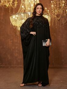 UNITHORSE 立领长袖贴花流苏优雅连衣裙 - 黑色 - 查看 4