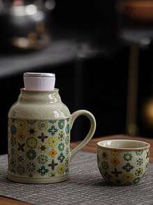 1 套灰白色裂纹陶瓷茶壶，带 1 个杯子和 1 个盖子，复古小型保温茶壶，陶瓷浸泡茶壶，办公室水杯，适合送礼或居家使用 - 彩色 - 查看 5