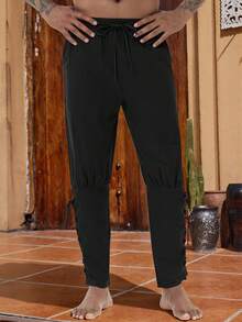 Medieval Pirate Costume Men, Renaissance Viking Pants With Pockets, Casual Trousers - Black - View 1
