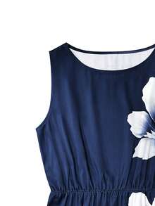 1pc Women's Floral Print Elegant Woven Fabric Slit Sleeveless Dress, Graceful Style, Spring/Summer - Royal Blue - View 4