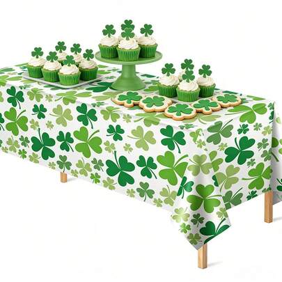 3 Pieces1-Piece St. Patrick's Day Green Shamrock Disposable Tablecloth With Lucky Shamrock Pattern, Rectangular Plastic Table Cover, St. Patrick's Day Picnic Dinner Table Decoration, 54 X 108 Inches