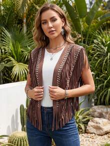 Women's Leather-Studded Suede Knitted Pullover Jacket - 1970s Hippie Style Ensemble - Sleeveless, Buttoned, Floor-Length Fringed Pullover With Western-Style Collar Design - 巧克力棕 - 查看 5