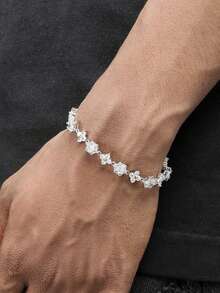 1pc Fashionable White Gold Four-Leaf Clover Colorful Men's Copper Zirconia Silver Bracelet Jewelry, Hip-Hop Punk Men's Patchwork Bracelet, Suitable For Men's Daily Wear - Bracelet - View 5