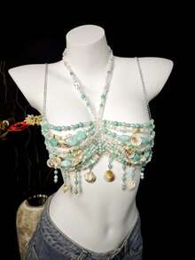 2026 Spring/Summer New Unisex Body Chain, Sexy Acrylic Crystal Pearl Sequin Shell Seashell Body Chain Metal Iron Chain Accessories For Party, Beach, Music Festival, Bikini - Màu xanh lam - Xem 6