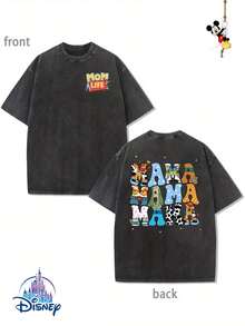 "Disney Authorized" Toy Story MAMA Double-Sided Printed Flowers, Genuine Authorized 1 Fashion Cartoon Short-Sleeved Design, Cartoon Short Sleeves, Men's Cotton Washed T-Shirts. Soft And Breathable, It Can Be Used As A Gift For Disney Lovers. - 黑色 - 查看 1