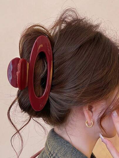 Oval Hollow Hair Clip, Suitable For Women, Irregular Hair Clip, Burgundy Brown Hair Accessory, Low-Key High-End Classic Fashion, Made Of Acrylic, Suitable For Thick Hair Bun And Updo Hairstyles