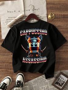 1pc Young Boy Funny Cartoon Coffee Cup & Letter Print Graphic Black Short Sleeve T-Shirt, Street Cool Style "CAPPUCCINO ASSASSINO" Summer Casual Tee - Black - View 3
